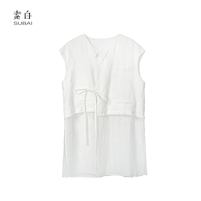 素白原宿风【素缕逸风】J01625亚麻系带高级简约百搭马甲