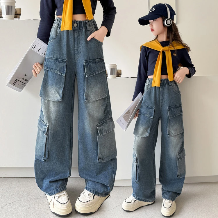女童牛仔裤春秋季2025新款儿童女大童时髦洋气宽松阔腿裤工装裤子