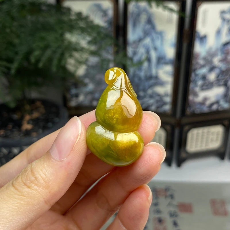 老料黄加绿鸡油黄福禄葫芦吊坠花件 天然翡翠A货
