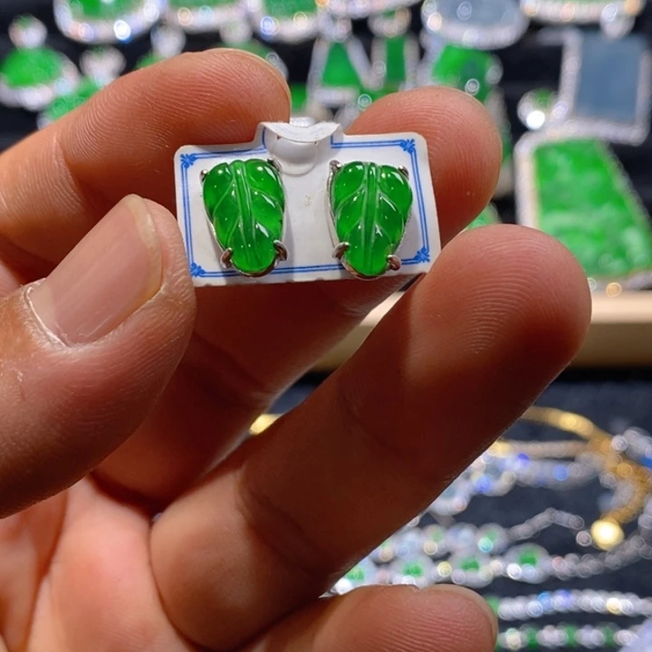 翡翠耳饰银S925镶嵌天然A货翡翠