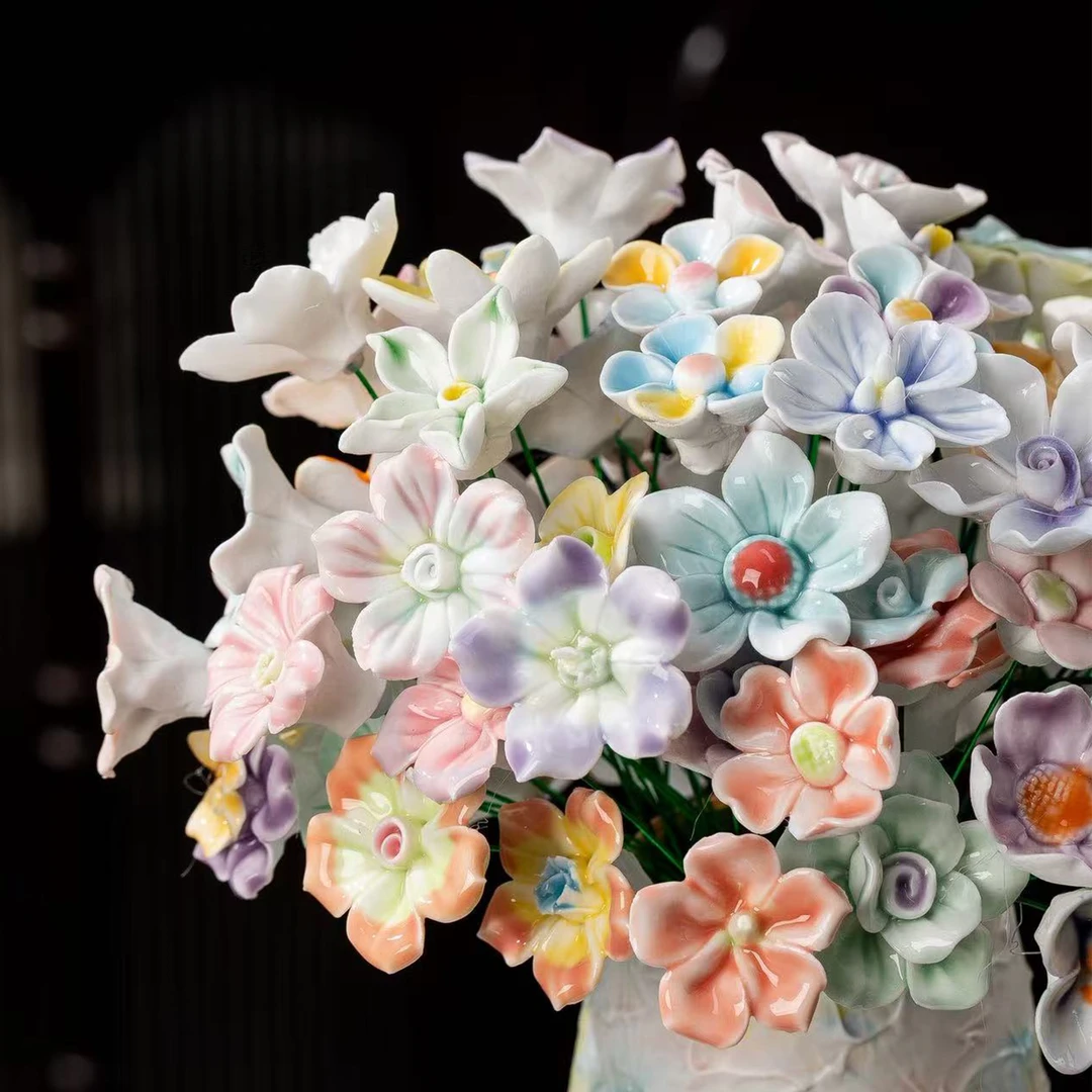 景德镇手捏陶瓷花桌面永生防真花创意生日礼物家居家用饰品摆件