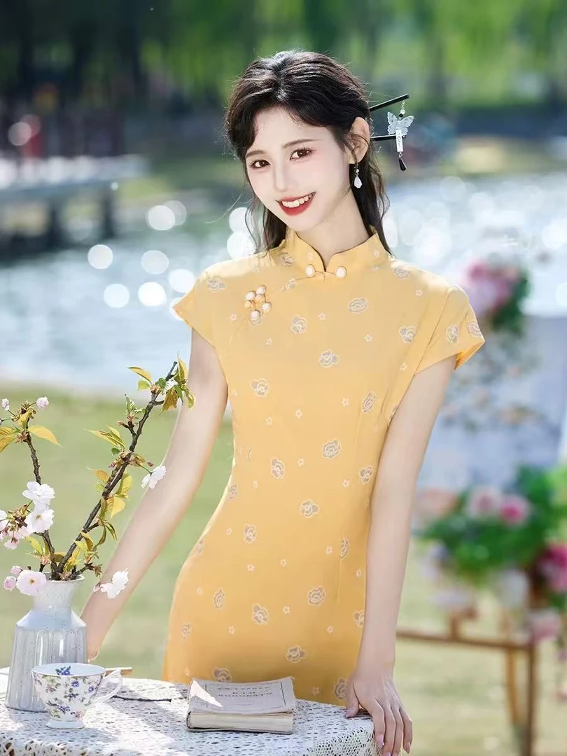 0936 黄色 2色 圆盘扣 小个子 旗袍