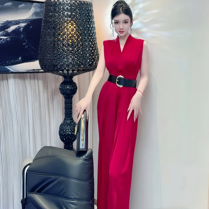 夏季显瘦连体裤洋气女神范高级感高腰气质轻奢阔腿开叉垂感阔腿裤