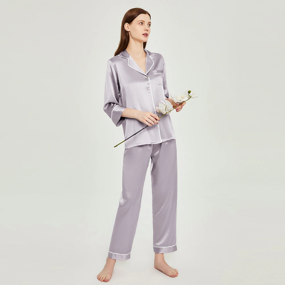 西湖丝韵【七分袖-手工Z字针刺绣】25新重磅乔其纱镶边女真丝睡衣