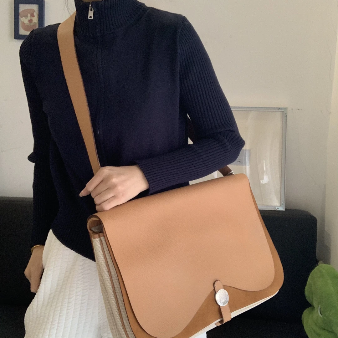 95新 Hermes/爱马仕 7 焦糖色帆布拼皮斜挎包