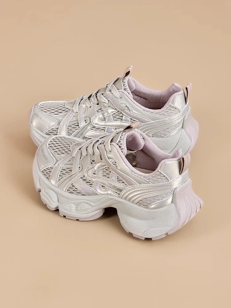 老爹鞋女2025新款夏季网面透气百搭银色厚底休闲轻便运动鞋子