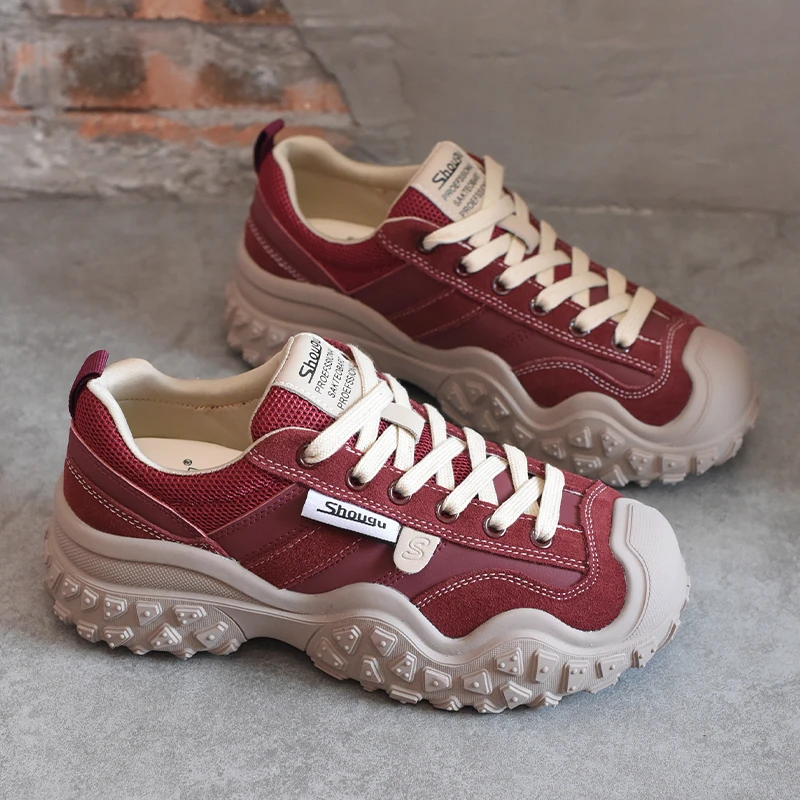 shougu/首谷防滑厚底红色老爹鞋女2025新款榴莲底丑萌运动德训鞋
