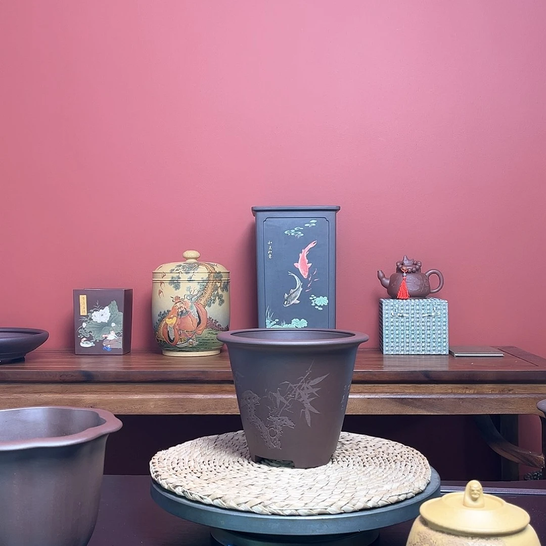 紫砂花盆n*紫泥刻绘斗笠