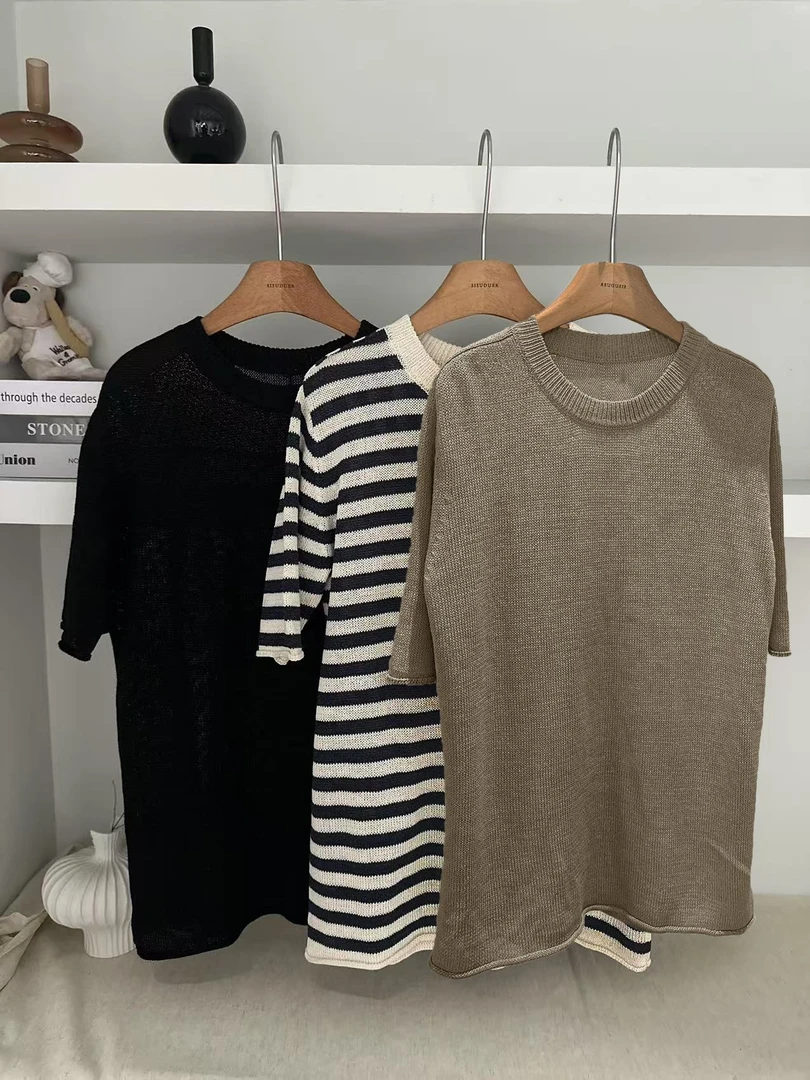 JIUJIU【弥漫底片】气质宽松条纹圆领夏季韩版套头针织衫