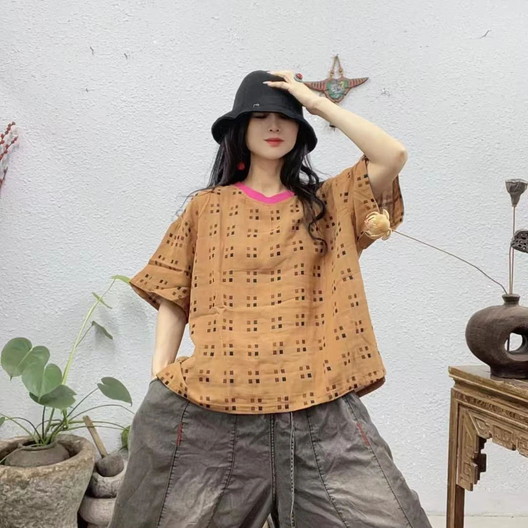 11006撞色格双层纱螺纹领中袖T上衣（前59后62胸围130