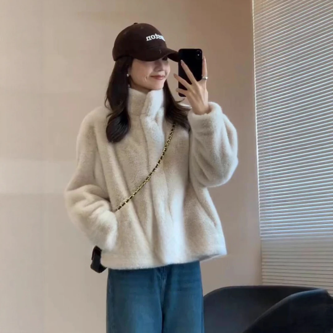 仿水貂皮毛一体外套女冬季2025新款立领加厚环保皮草短款毛绒上衣