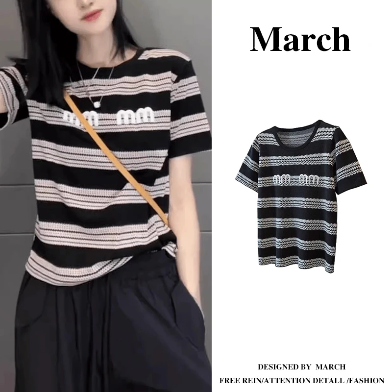 大码黑色条纹短袖T恤女2025夏季新款微胖mm显瘦通勤百搭上衣-7008