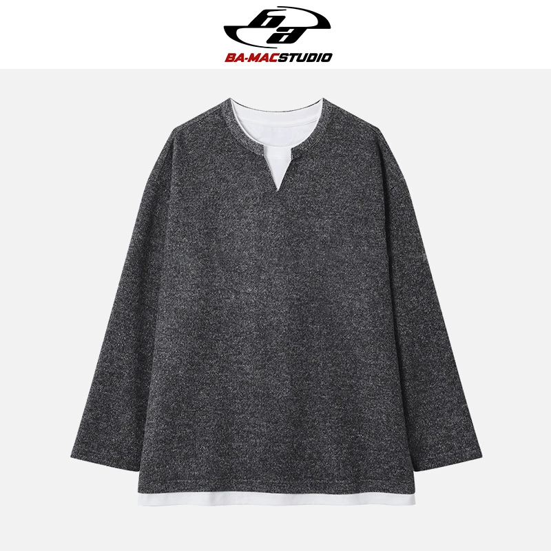 [BA-MAC]V领假两件卫衣设计感慵懒风针织衫打底长袖上衣F5001