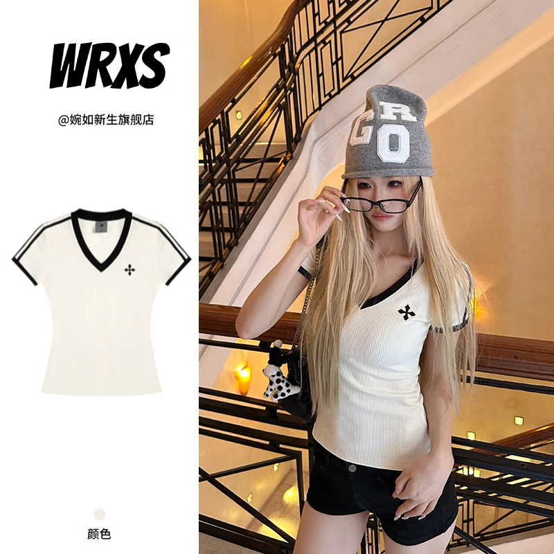 【婉如新生】辣妹撞色拼接V领短袖t恤女夏季时尚高街修身纯欲上衣潮
