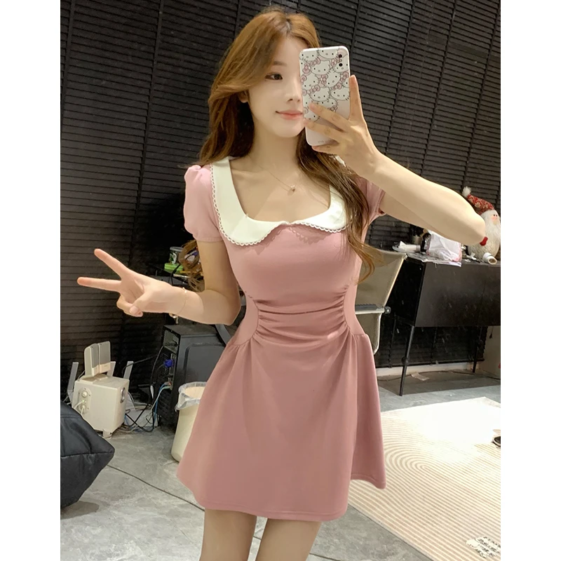 掐腰瘦瘦裙 学院撞色领收腰裙子女方领短袖连衣裙