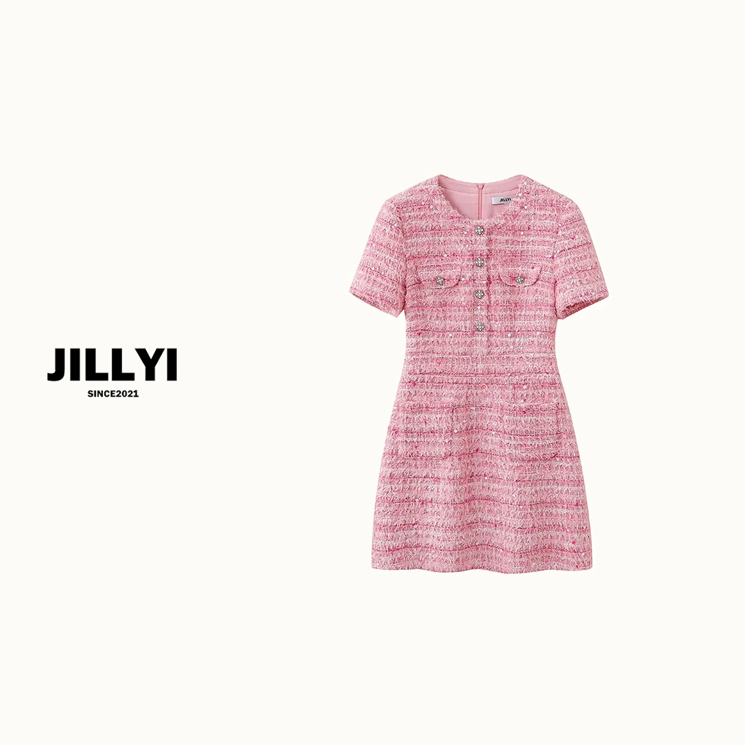 JILLYI南山店【粉系甜妹】粗花呢短袖条纹女装连衣裙小香风气质时尚