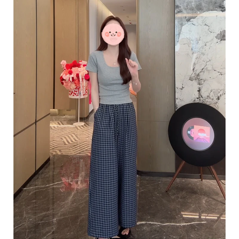 2025夏季显瘦露腰辣妹短袖T恤上衣女松紧腰显瘦慵懒风格子裤套装