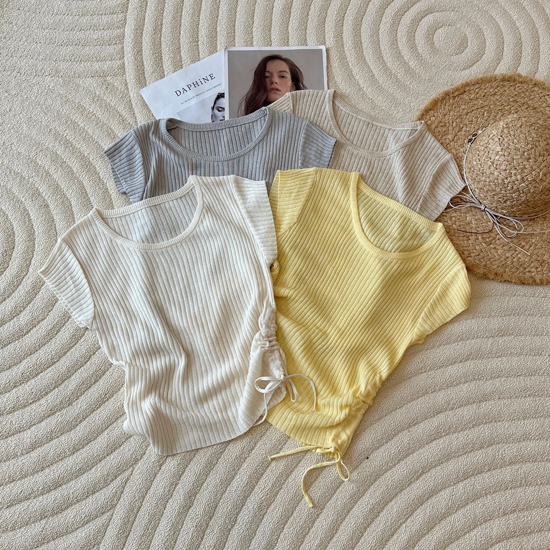 【婷婷推荐】80172 夏季韩版收腰抽绳正肩圆领针织短袖女显瘦上衣