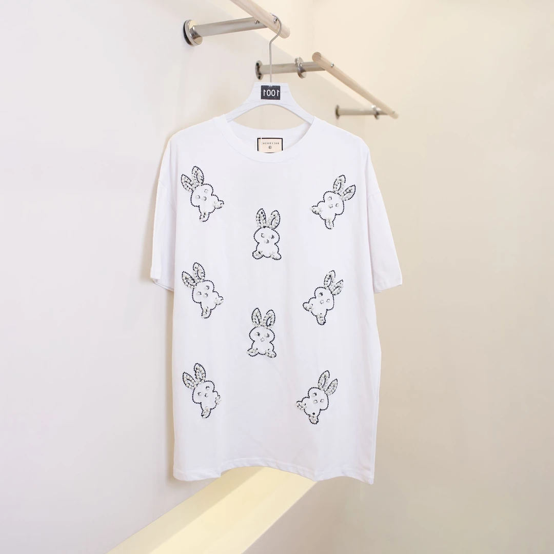 Cherryjar【1001】宽松棉质小兔珍珠印花甜美可爱短袖 T 恤