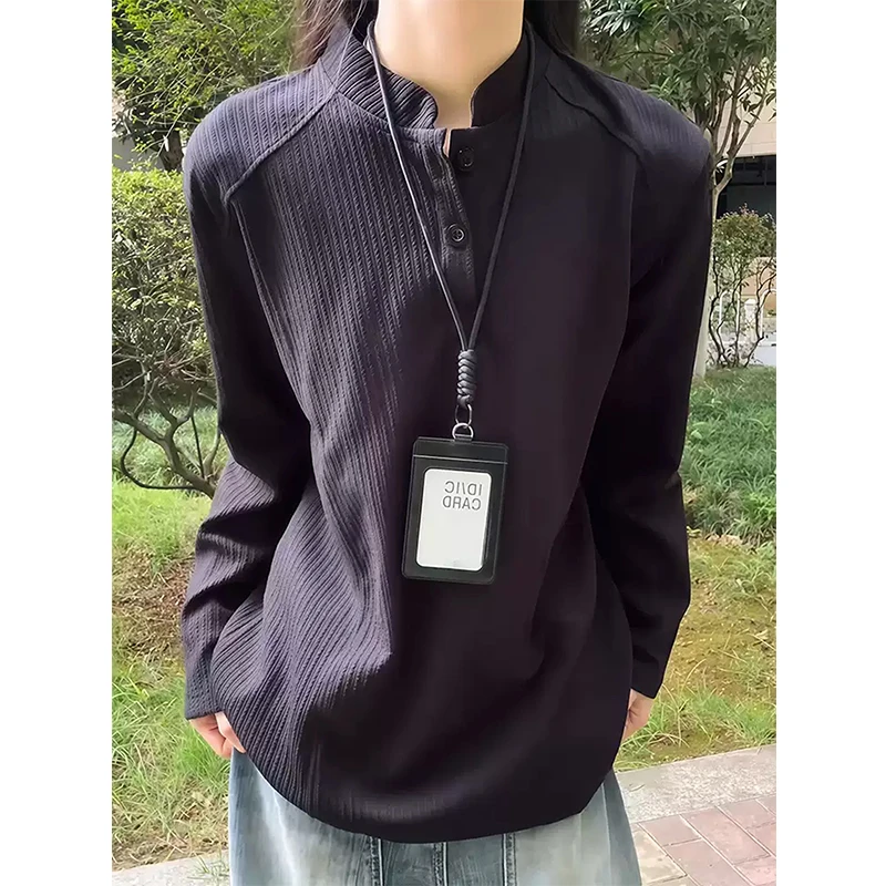 黑色美式亨利领长袖t恤男秋季潮牌设计感拼接卫衣boxy版型打底衫