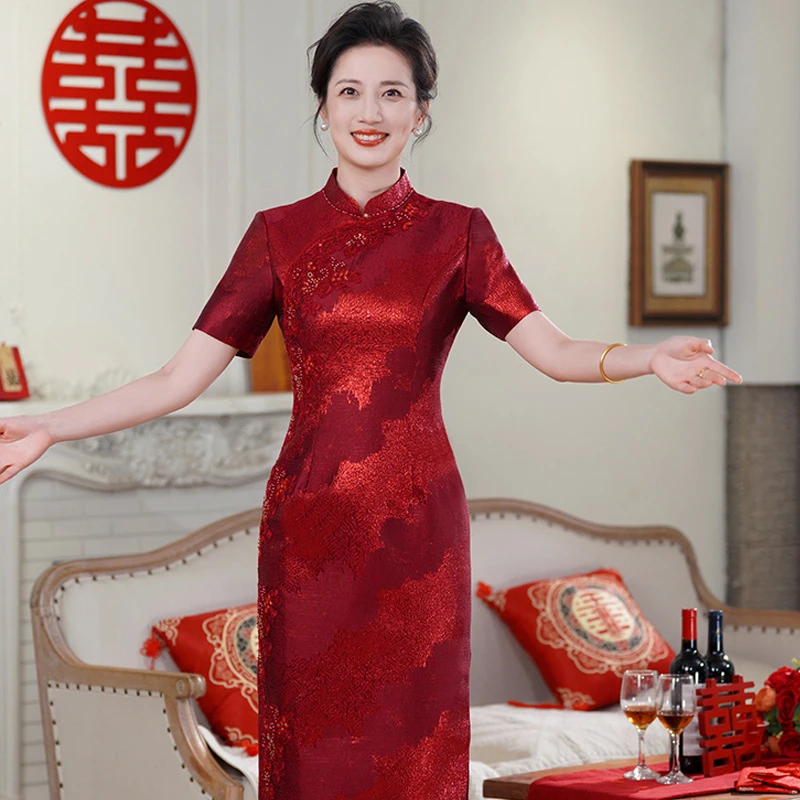 夏季新款旗袍中式改良酒红色喜婆婆旗袍修身显瘦复古妈妈装敬酒服