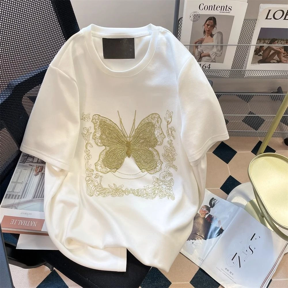 港风复古蝴蝶刺绣短袖t恤男女大码宽松新款重工设计感休闲体恤薄