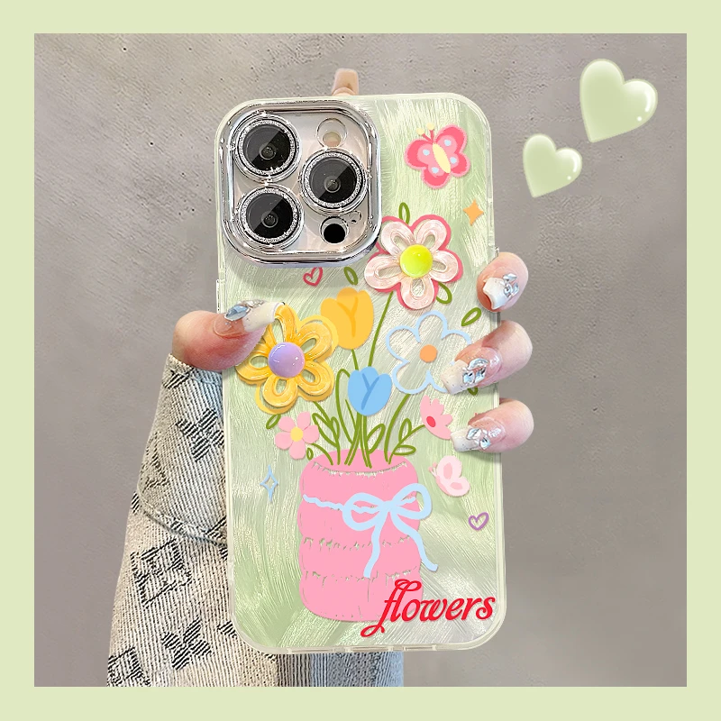 粉色花瓶适用苹果15华为vivo/oppo小米iPhone16精孔羽纱纹手机壳