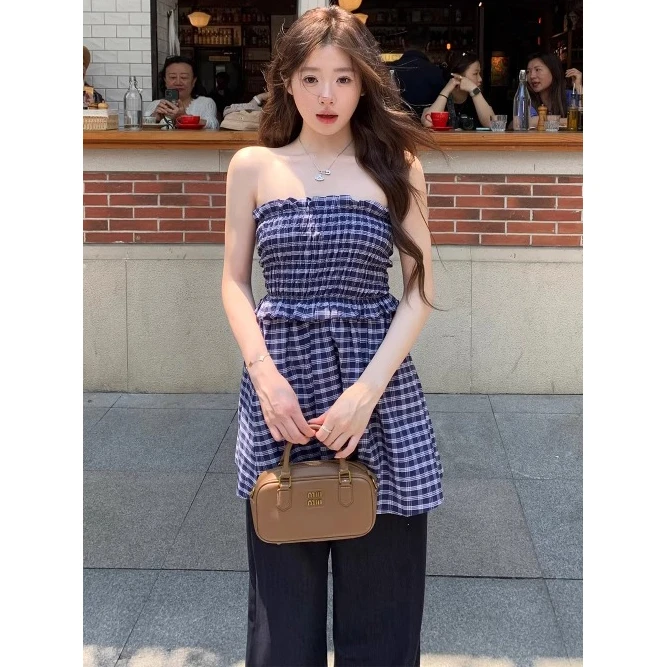 法式甜辣妹气质抹胸背心连衣裙女夏季小众设计感两穿蓝格子半身裙