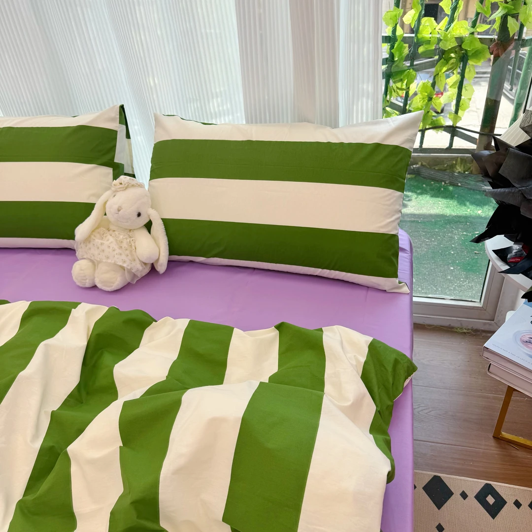 春秋ins简约全棉条纹四件套加厚100%斜纹纯棉纯色床单少女心床品