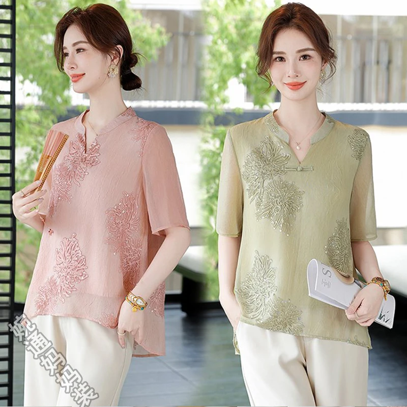 妈妈夏装t恤套装2025新款减龄宽松中年女洋气小衫遮肚上衣两件套