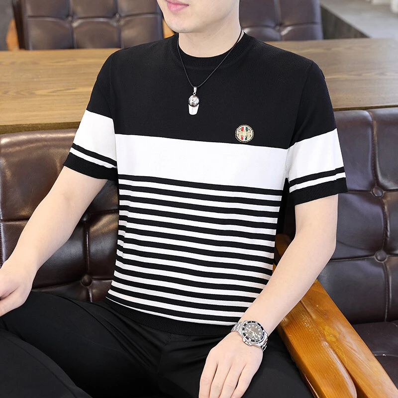 【高品质】2025夏季冰麻休闲短袖圆领T恤修身百搭潮流条纹5861 A