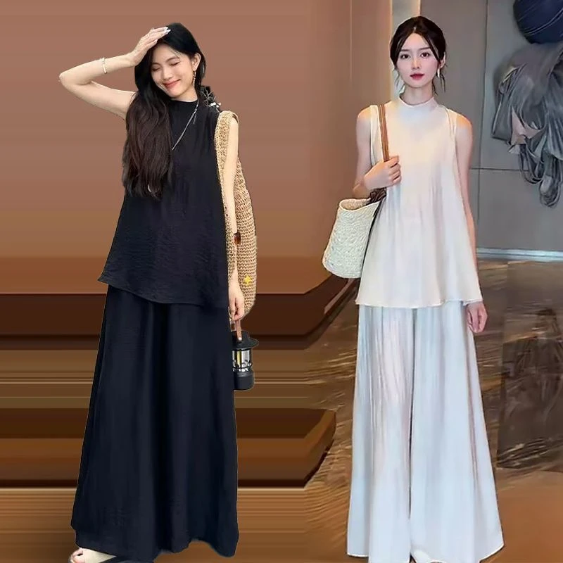 慵懒老钱风气质时尚阔腿裤套装女2025夏季新品宽松透气简约两件套