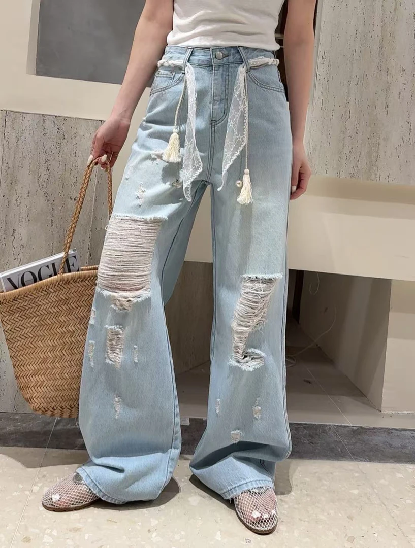 GVCI#98276夏季福利无弹重工破洞直筒牛仔裤（不配腰带）裤长：105cm