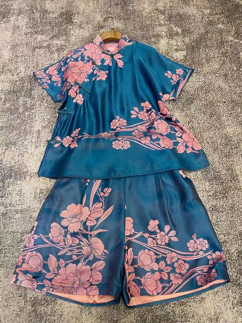 真丝老软缎国风新中式夏季女装套装