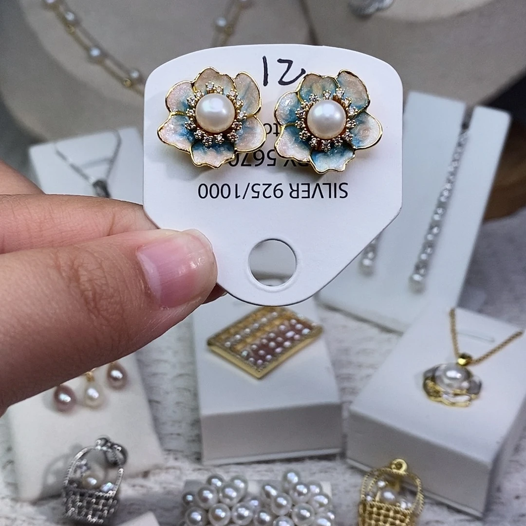 银S925镶嵌淡水珍珠耳饰