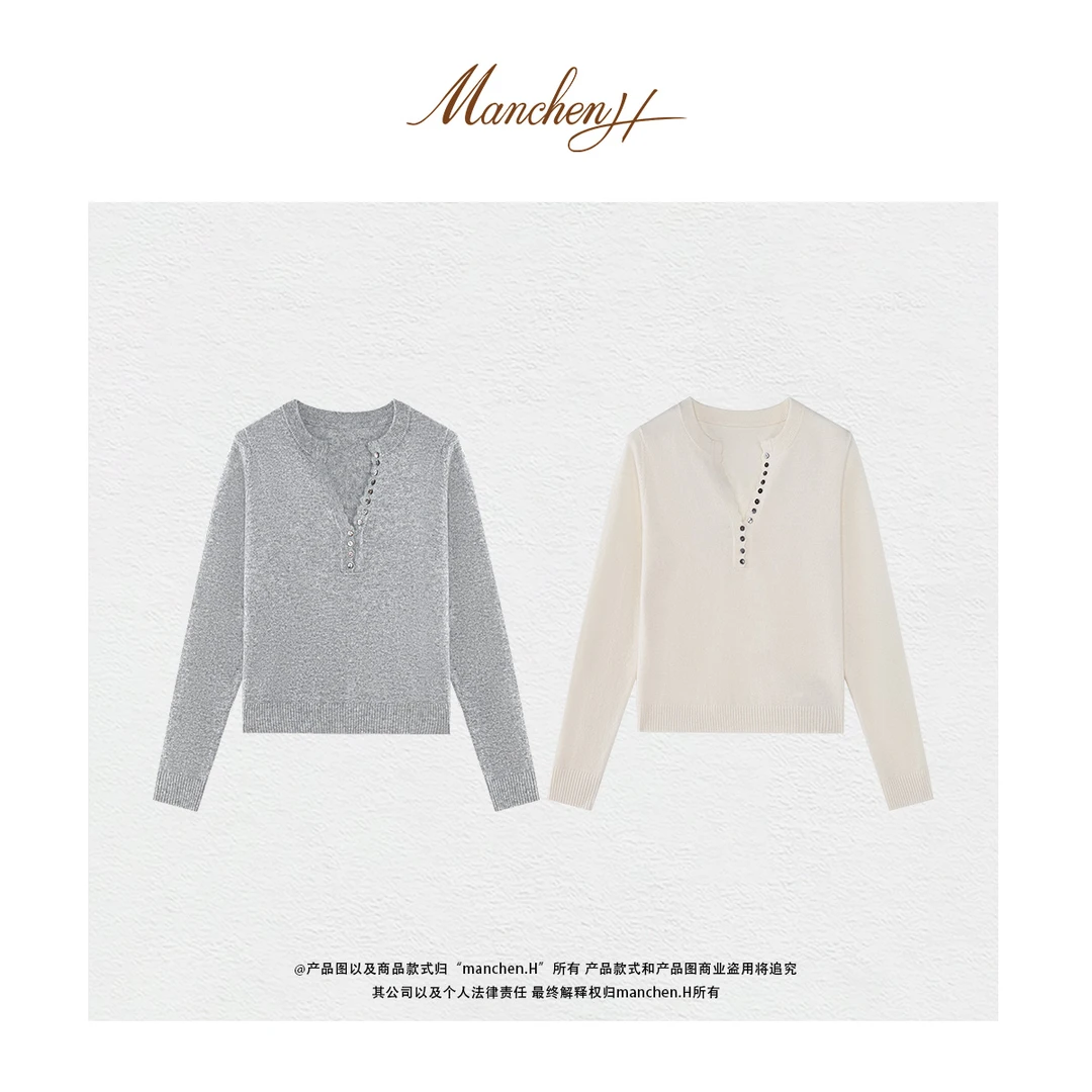 Manchenh"云层之上"KVSS纱线100羊绒12针剪刀领手工贝壳扣上衣