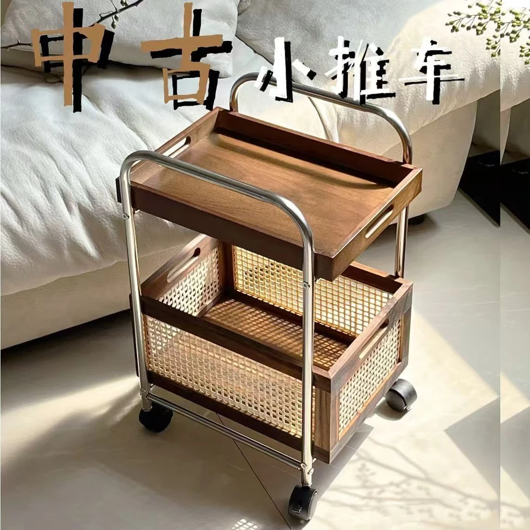 小推车零食置物架复古多层收纳架中古风客厅可移动收纳落地储物架