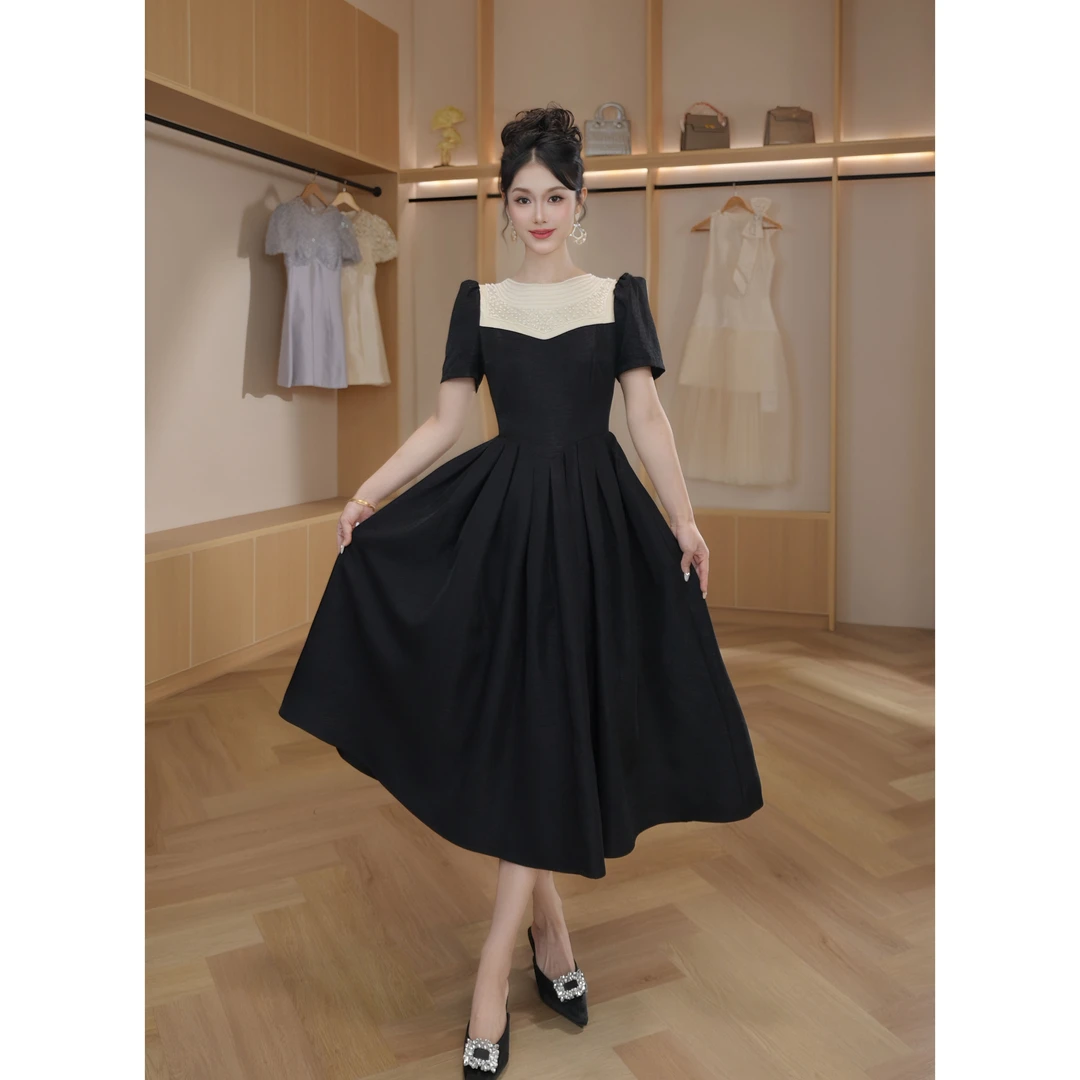 【设计师定制】 新款设计感鱼子酱珍珠气质收腰连衣裙 80270