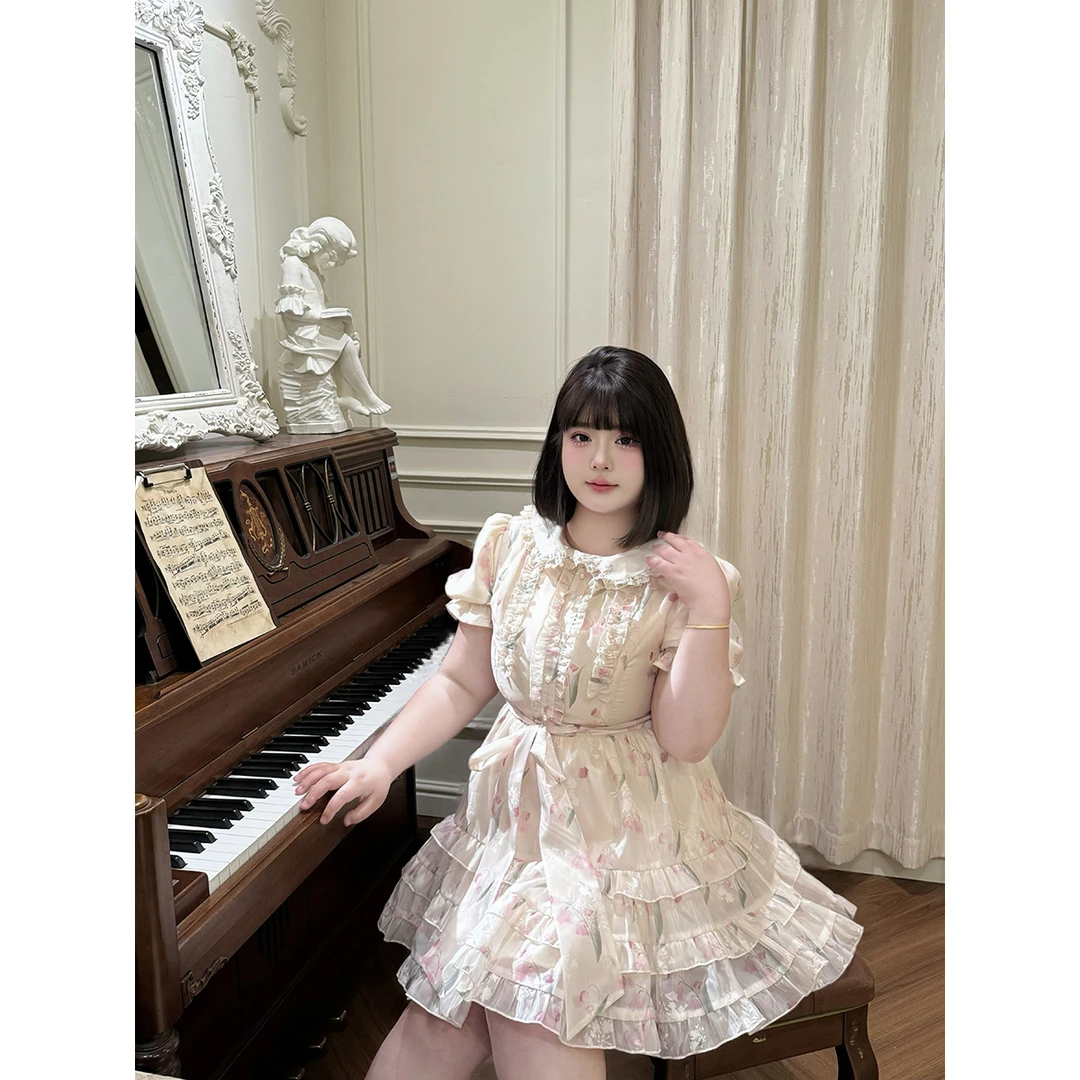雪雪 【古董娃娃】甜美芭蕾蓬蓬裙印花娃娃领法式公主裙大码连衣裙