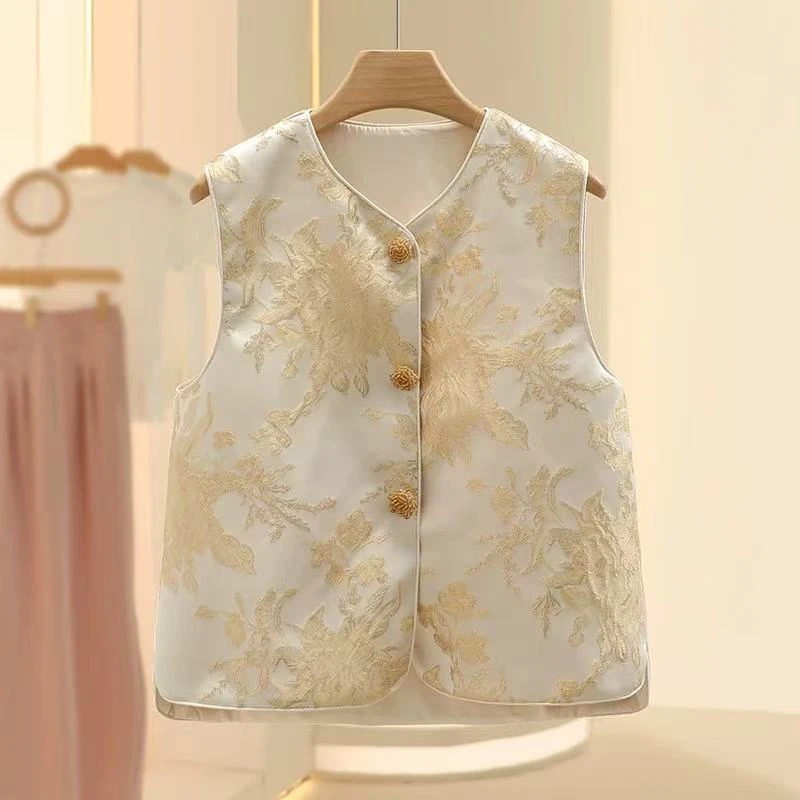 {金牡丹}新中式百搭气质刺绣提花马夹2025春季新款设计感品牌女装