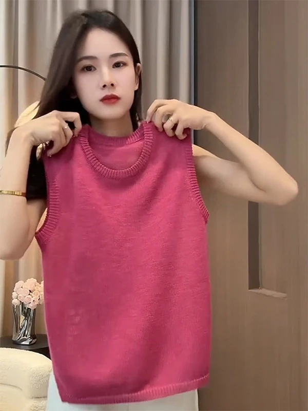 夏季女毛针织衫玫红冰丝针织背心短款ins失序混搭风外穿宽松无袖