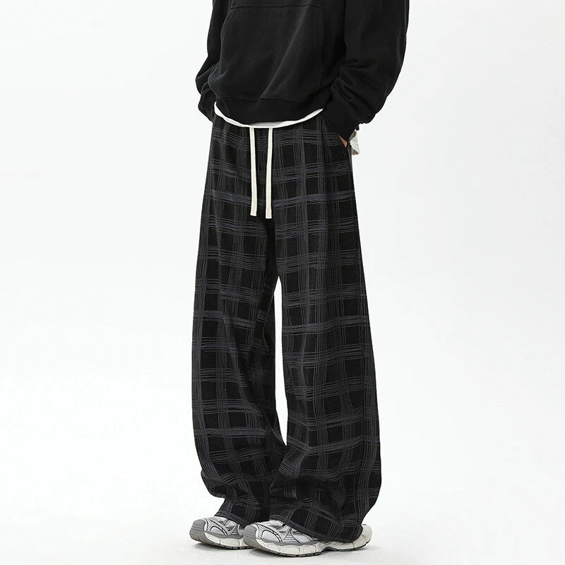 黑色格子灯芯绒裤子男款美式复古垂感直筒阔腿裤高级感抽绳休闲裤