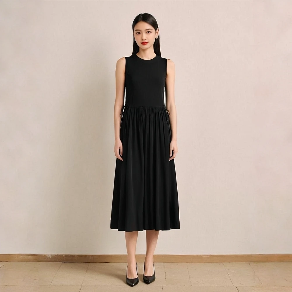 TA图】剪标品牌折扣25春百搭流行圆领拼接系带无袖加长连衣裙女012