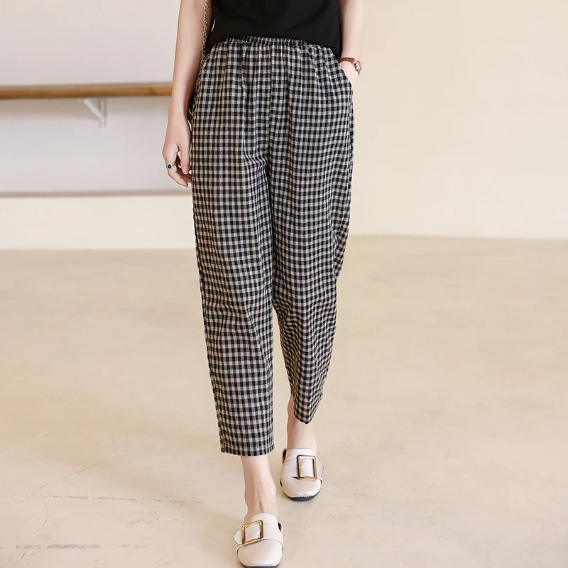 夏季哈伦裤休闲裤日系格子阔腿裤大码直筒休闲九分裤外穿复古裤子