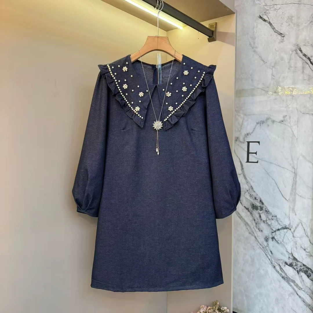 新款秋季长袖娃娃领钉珠重工设计灯笼袖洋气时尚宽松连衣裙7199