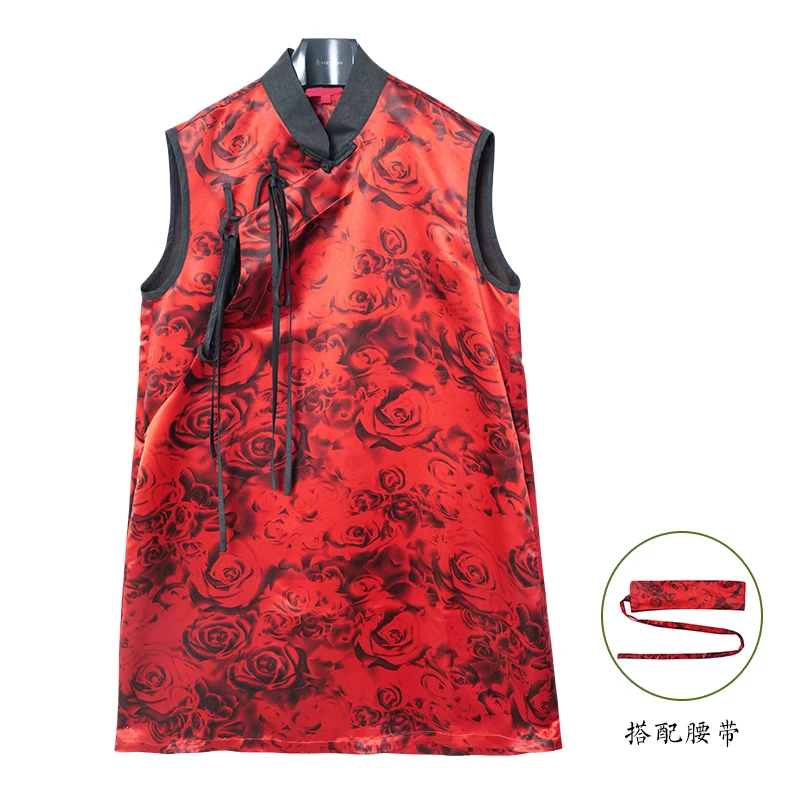 娑尔红色玫瑰印花手工系结重锻连衣裙SH1LR01894