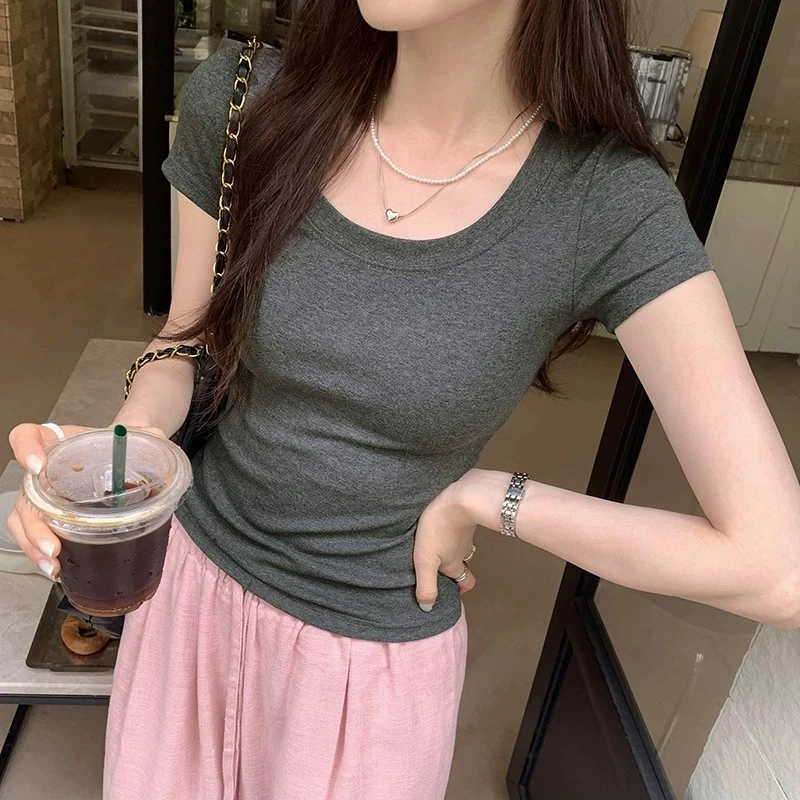 正肩超好看U领短袖t恤女夏季修身显瘦百搭收腰纯欲性感辣妹上衣潮
