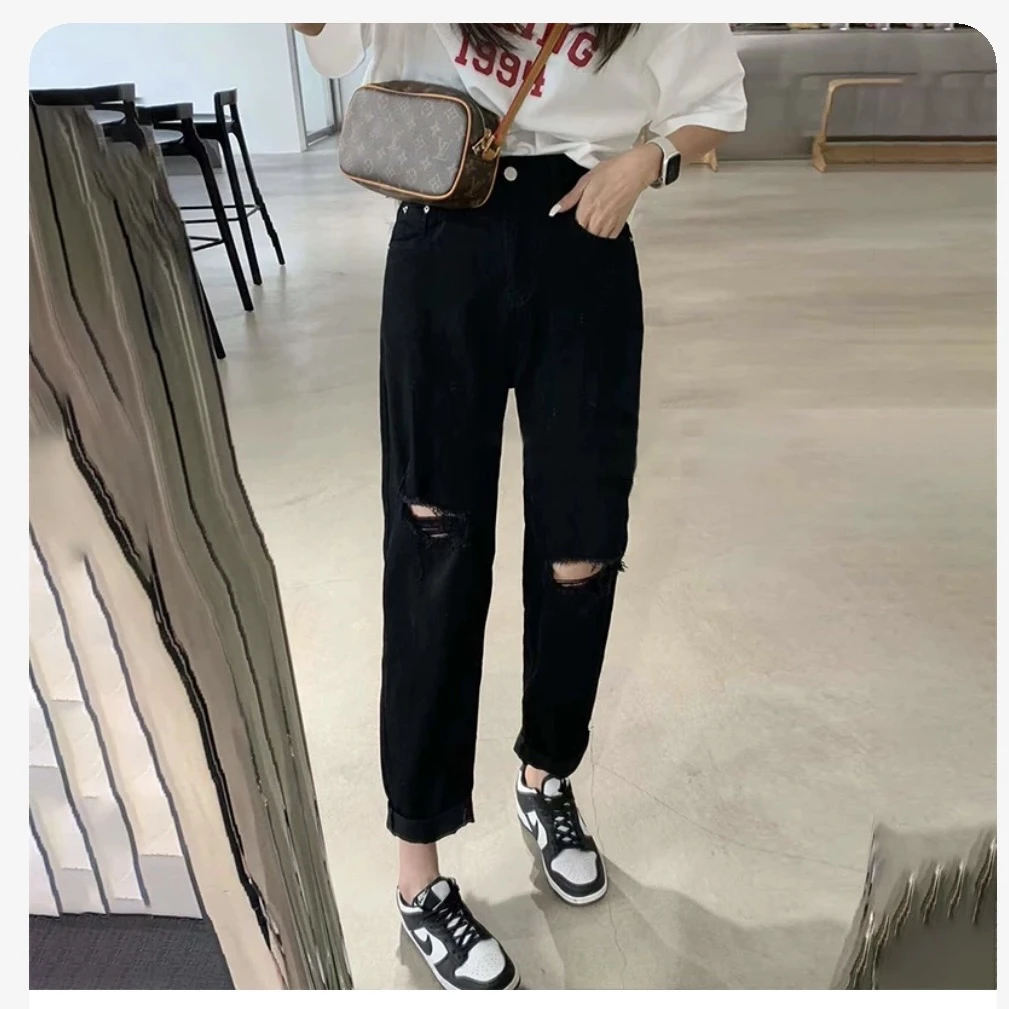 6010#暗黑系高街做旧破洞牛仔裤女士韩版宽松直筒痞帅乞丐裤子