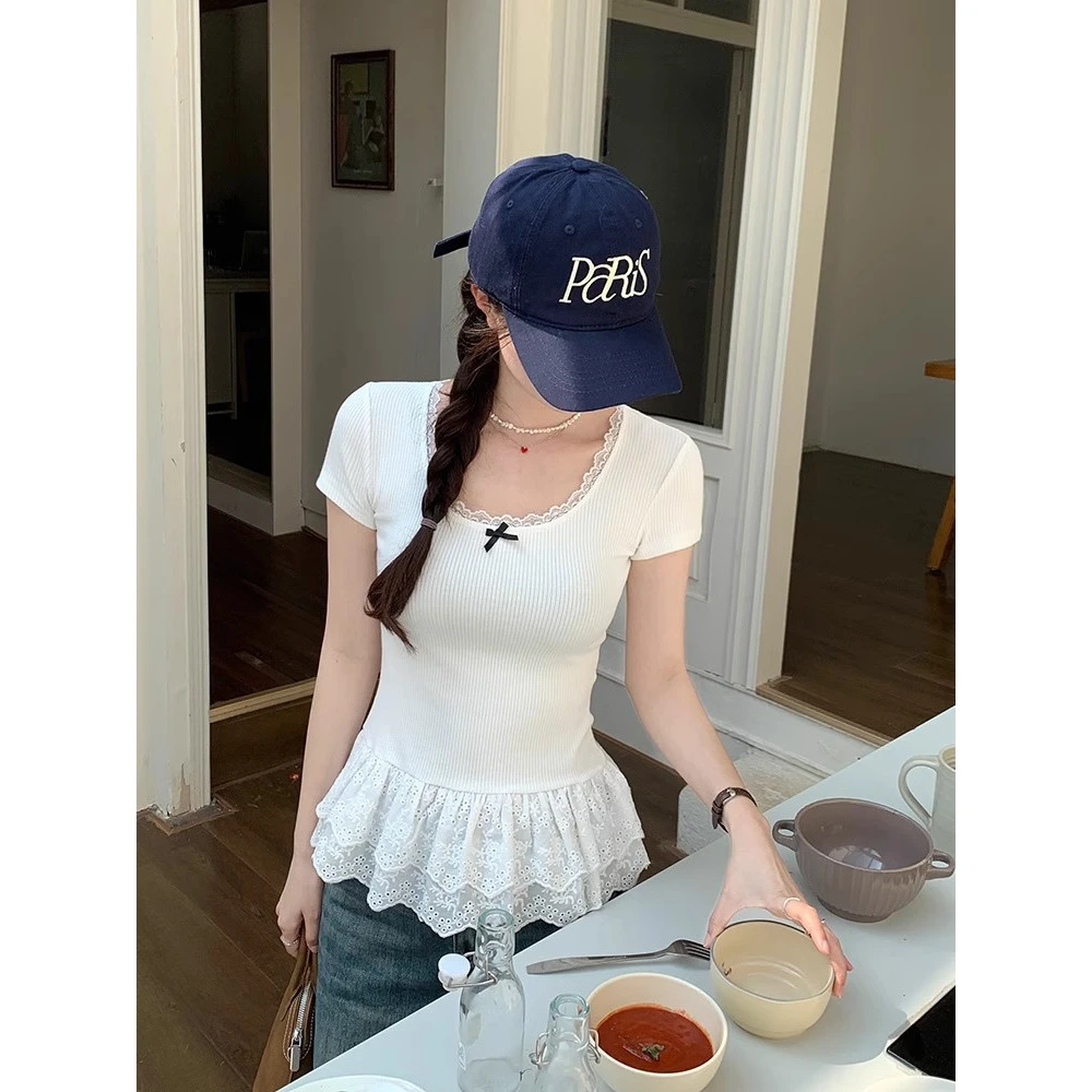 纯欲风蕾丝花边蝴蝶结短袖t恤女夏季新款法式修身设计感裙摆上衣