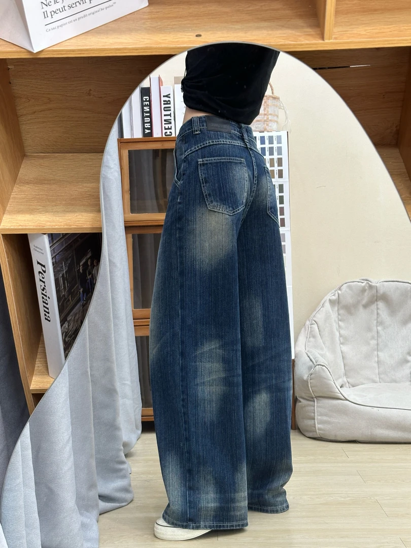 陆笙好港版深蓝竹节高腰复古百搭显瘦阔腿裤牛仔裤韩版直筒裤长裤